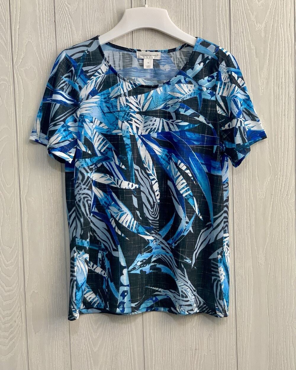 Christopher & Banks Blue Print Sort Sleeve Embellished Top Medium NWT